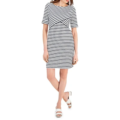 Elbow-Sleeve Abstract Stripe Dress