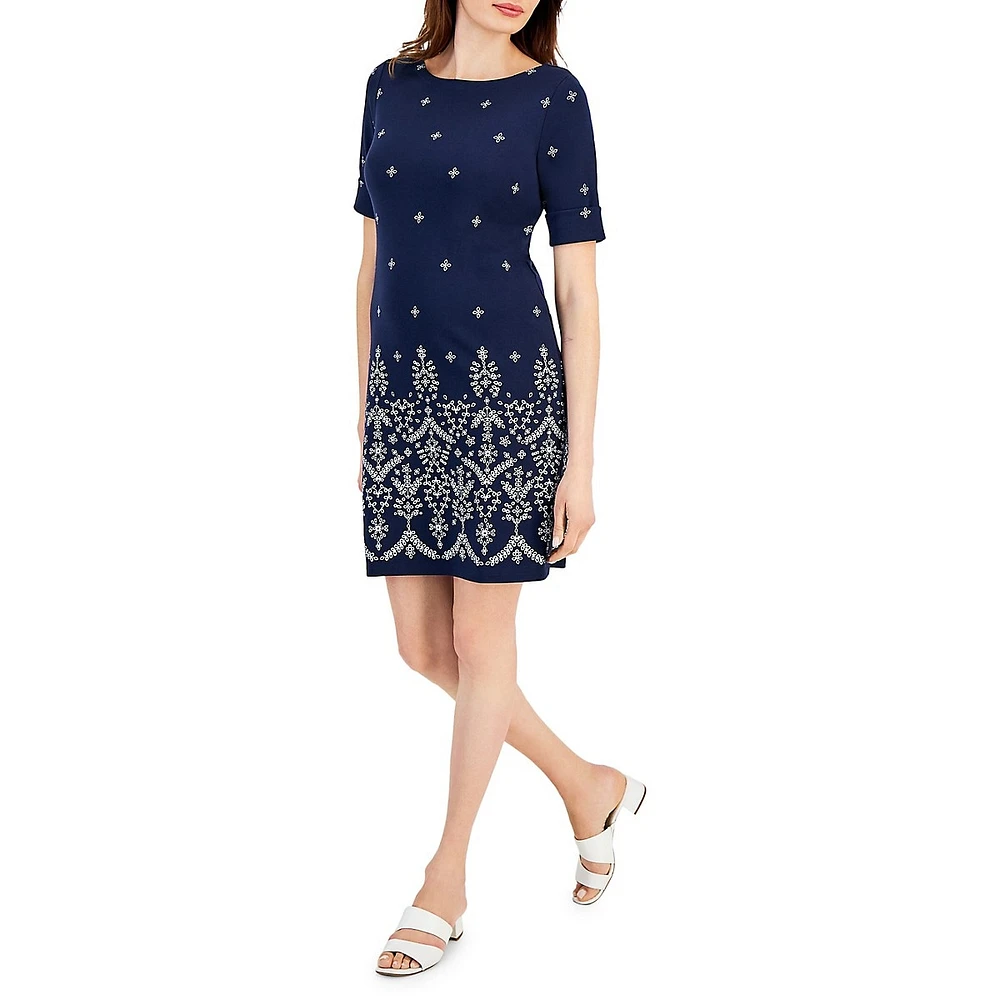 Eyelet-Trim Boatneck Dress