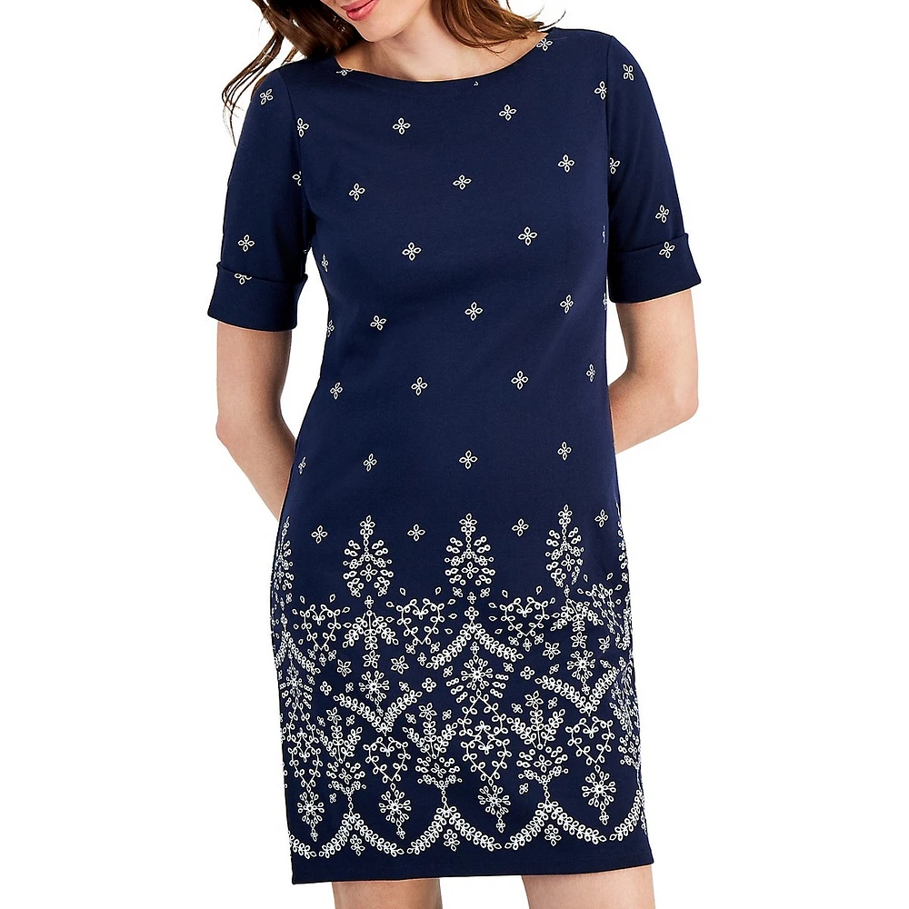 Eyelet-Trim Boatneck Dress