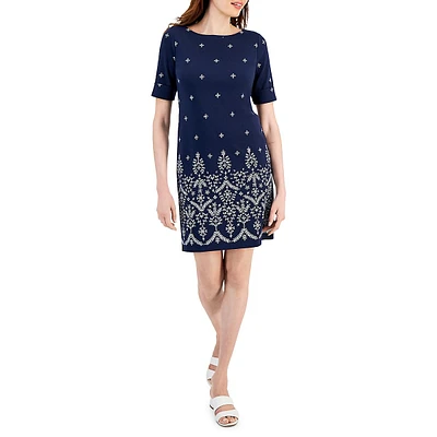 Eyelet-Trim Boatneck Dress