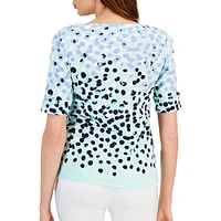 Dot Print Boatneck Elbow-Sleeve Top