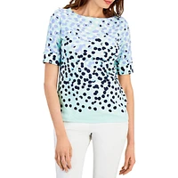 Dot Print Boatneck Elbow-Sleeve Top