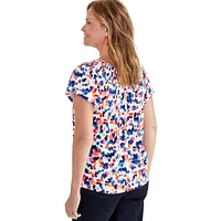 Abstract-Print Smocked-Neck Short-Sleeve Top