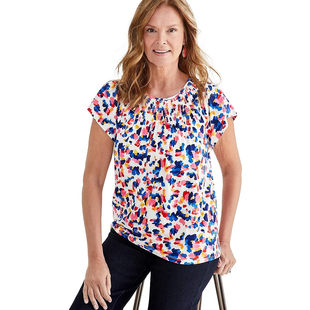 Abstract-Print Smocked-Neck Short-Sleeve Top