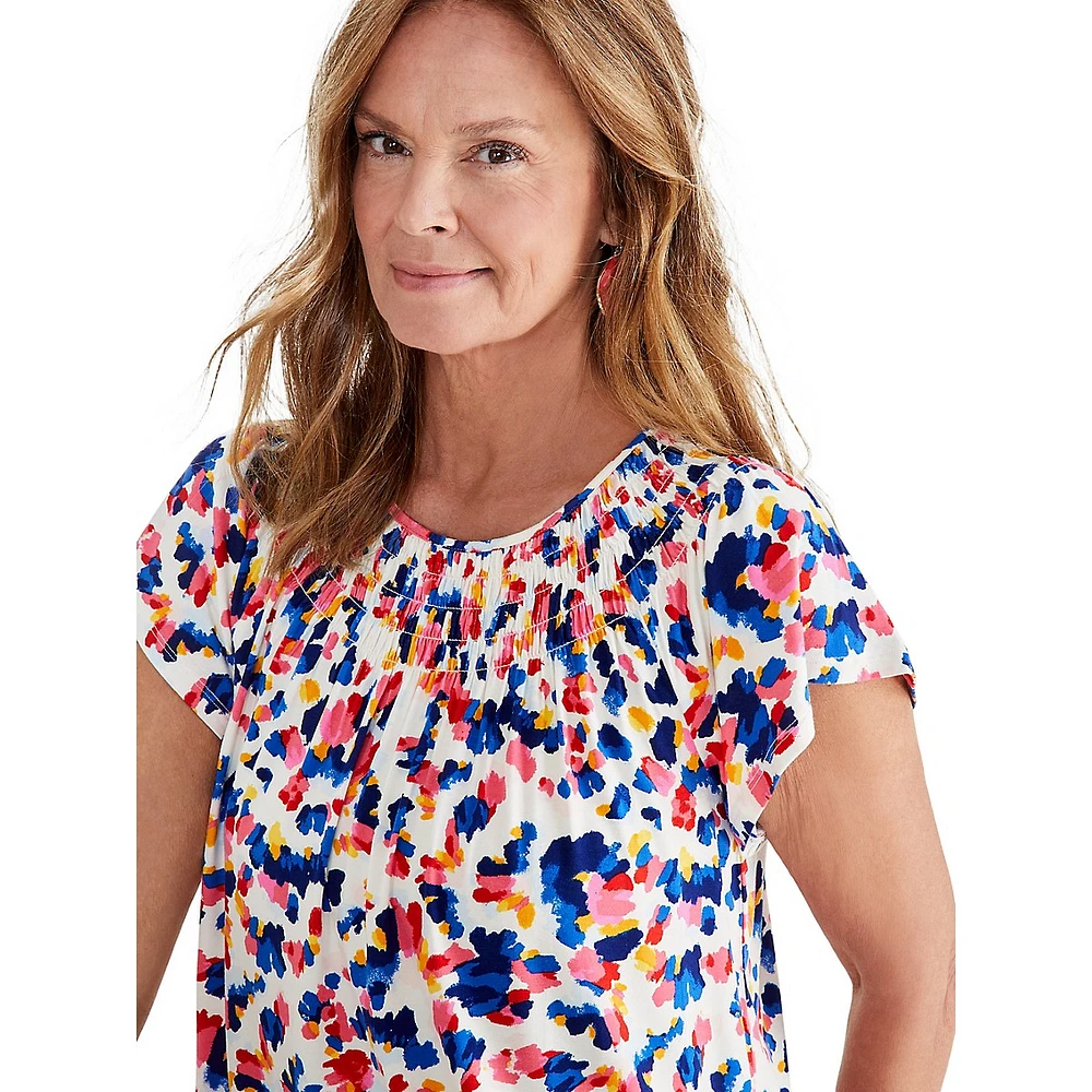 Abstract-Print Smocked-Neck Short-Sleeve Top