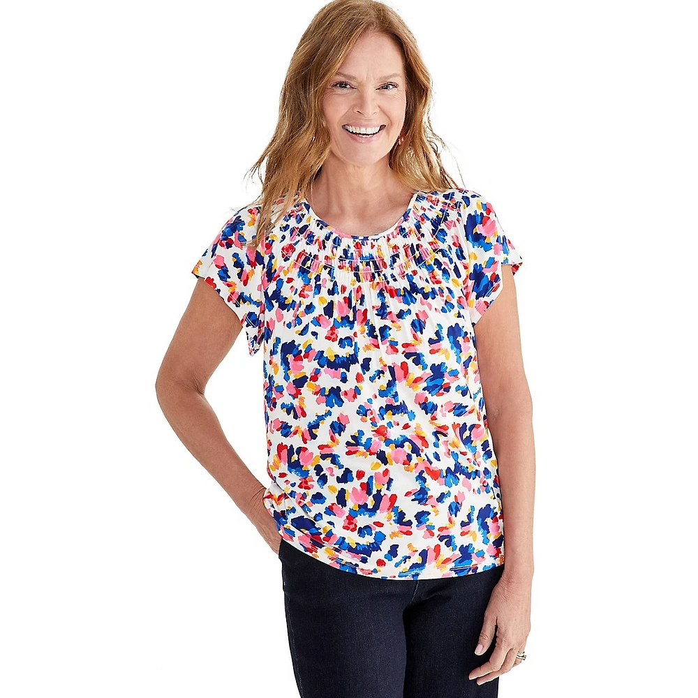 Abstract-Print Smocked-Neck Short-Sleeve Top