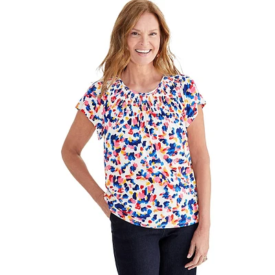 Abstract-Print Smocked-Neck Short-Sleeve Top