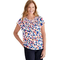 Abstract-Print Smocked-Neck Short-Sleeve Top