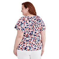 Plus Abstract-Print Seersucker Flutter-Sleeve Top