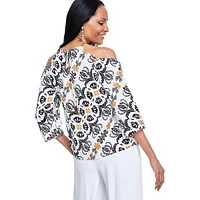 Ornate-Print Cold-Shoulder Top