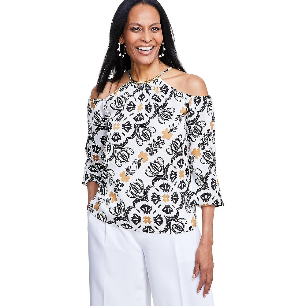 Ornate-Print Cold-Shoulder Top