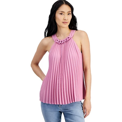 Chain-Detail Pleated Sleeveless Top