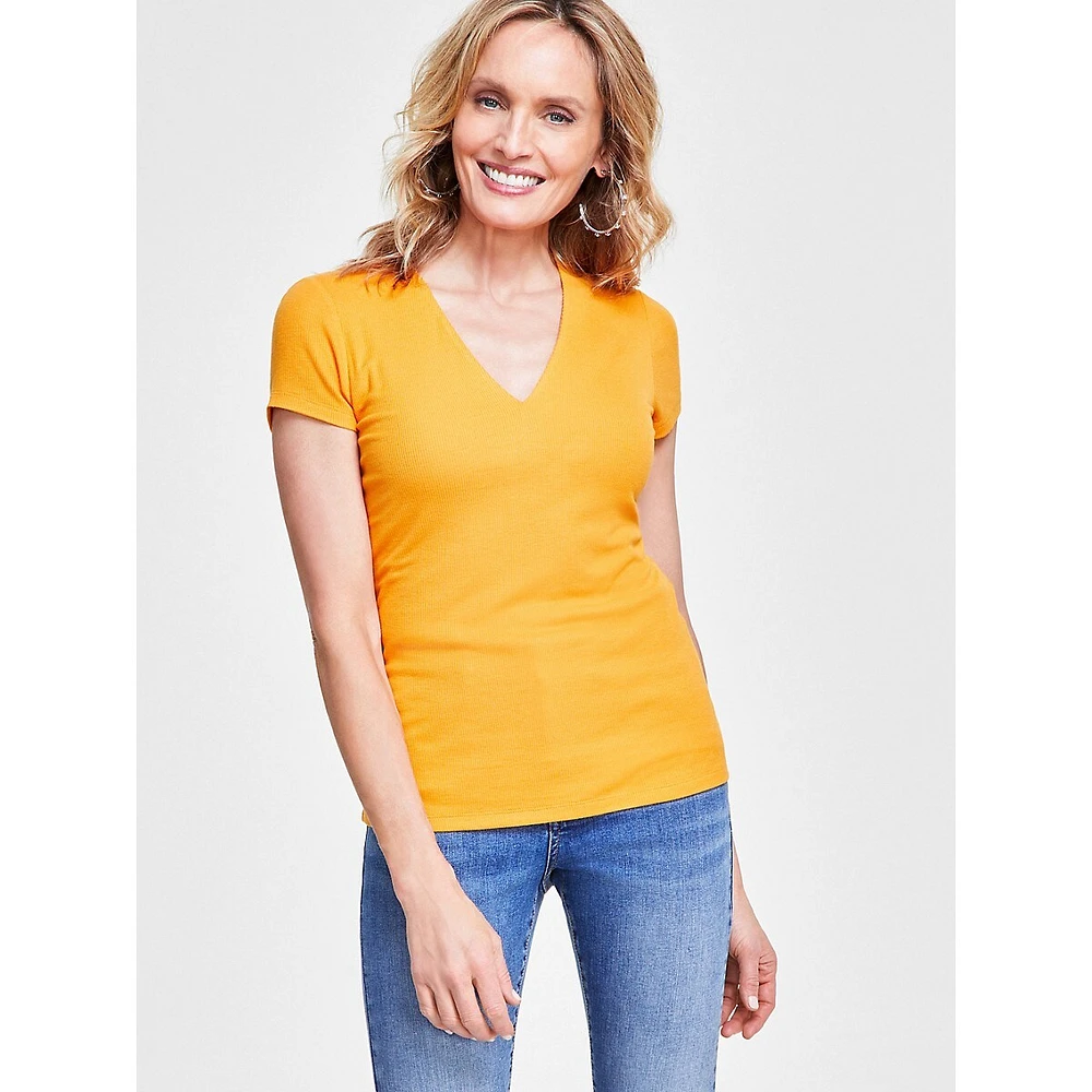 Ribbed V-Neck Short-Sleeve Top