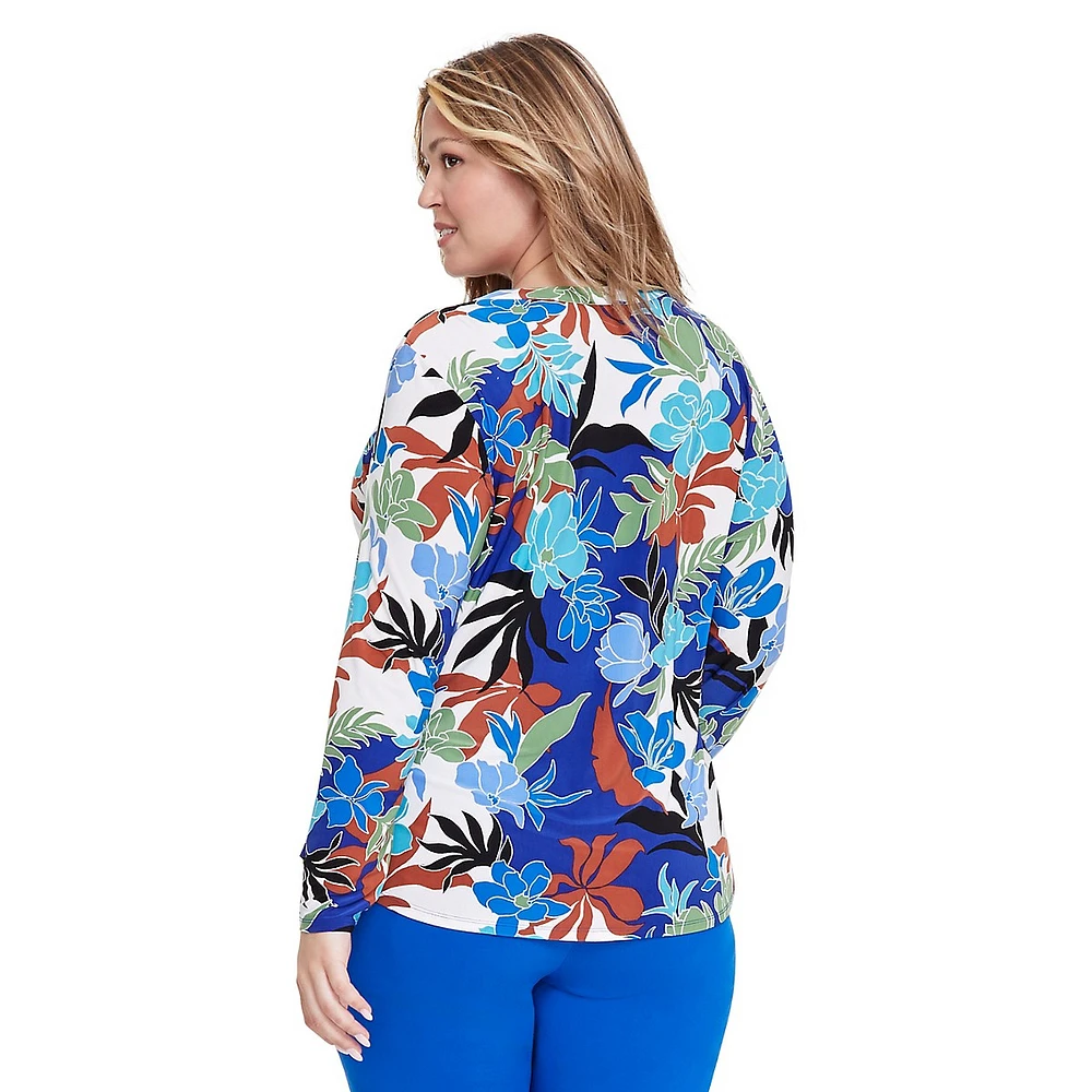 Plus Floral-Print Long-Sleeve Zip-Pocket V-Neck Top