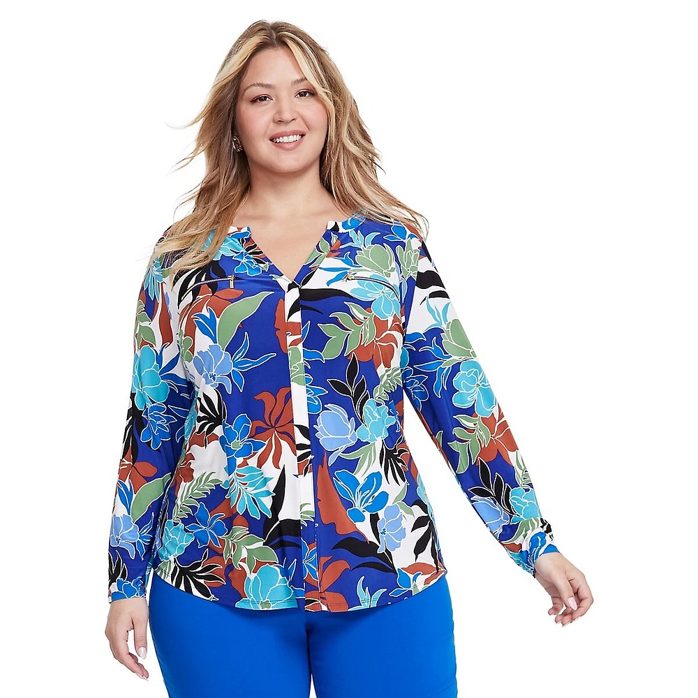 Plus Floral-Print Long-Sleeve Zip-Pocket V-Neck Top