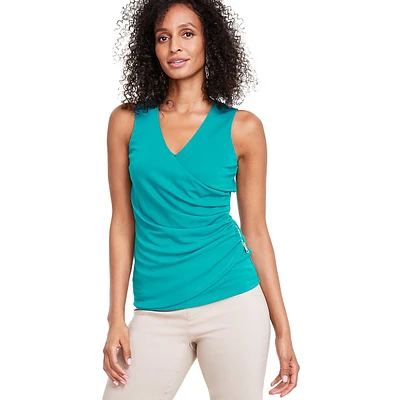 Sleeveless Surplice Ruched Zipper-Trim Top