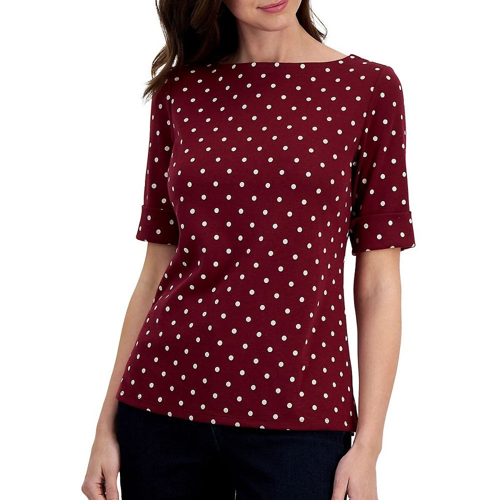 Dot-Print Elbow-Sleeve Top