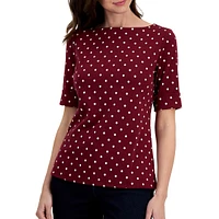 Dot-Print Elbow-Sleeve Top