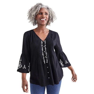 Petite Linen-Blend Pintucked Tunic Top