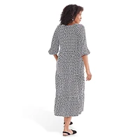 Blouson-Sleeve Tiered Print Midi Dress