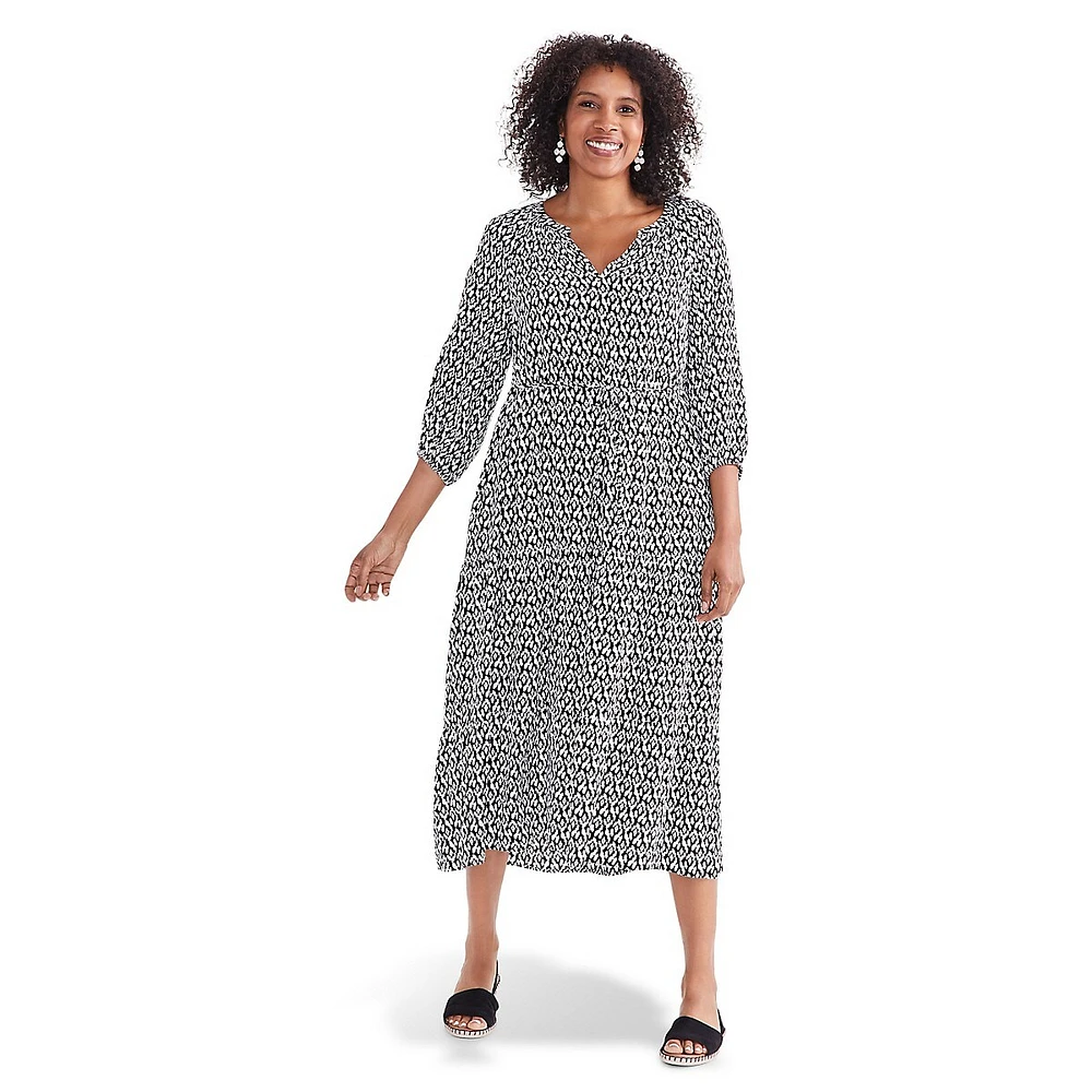 Blouson-Sleeve Tiered Print Midi Dress