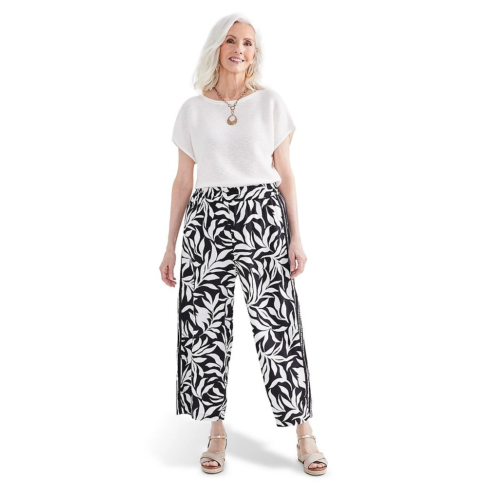 Border-Print Cropped Wide-Leg Pants