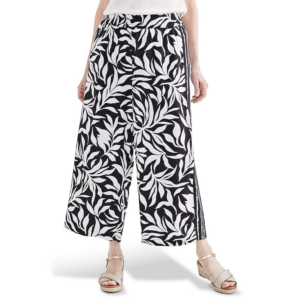 Border-Print Cropped Wide-Leg Pants