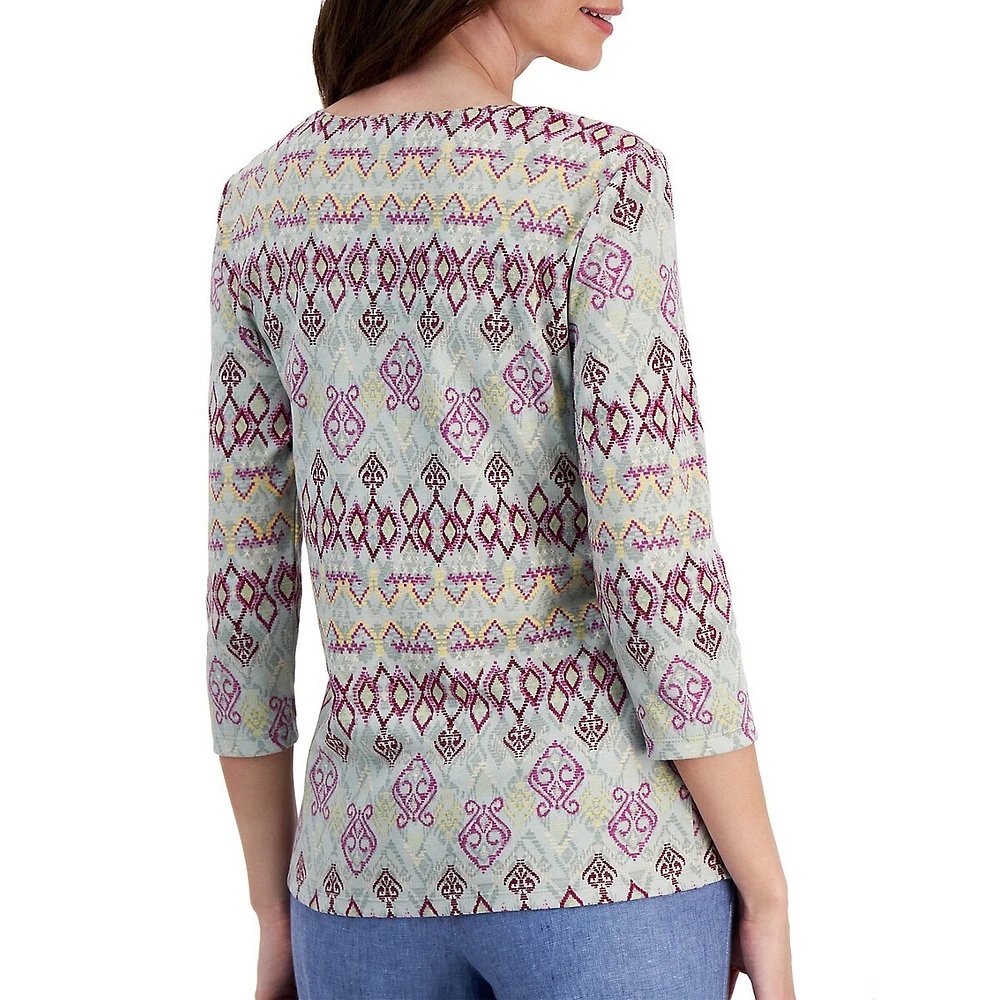 Ikat-Print Three-Quarter-Sleeve Top