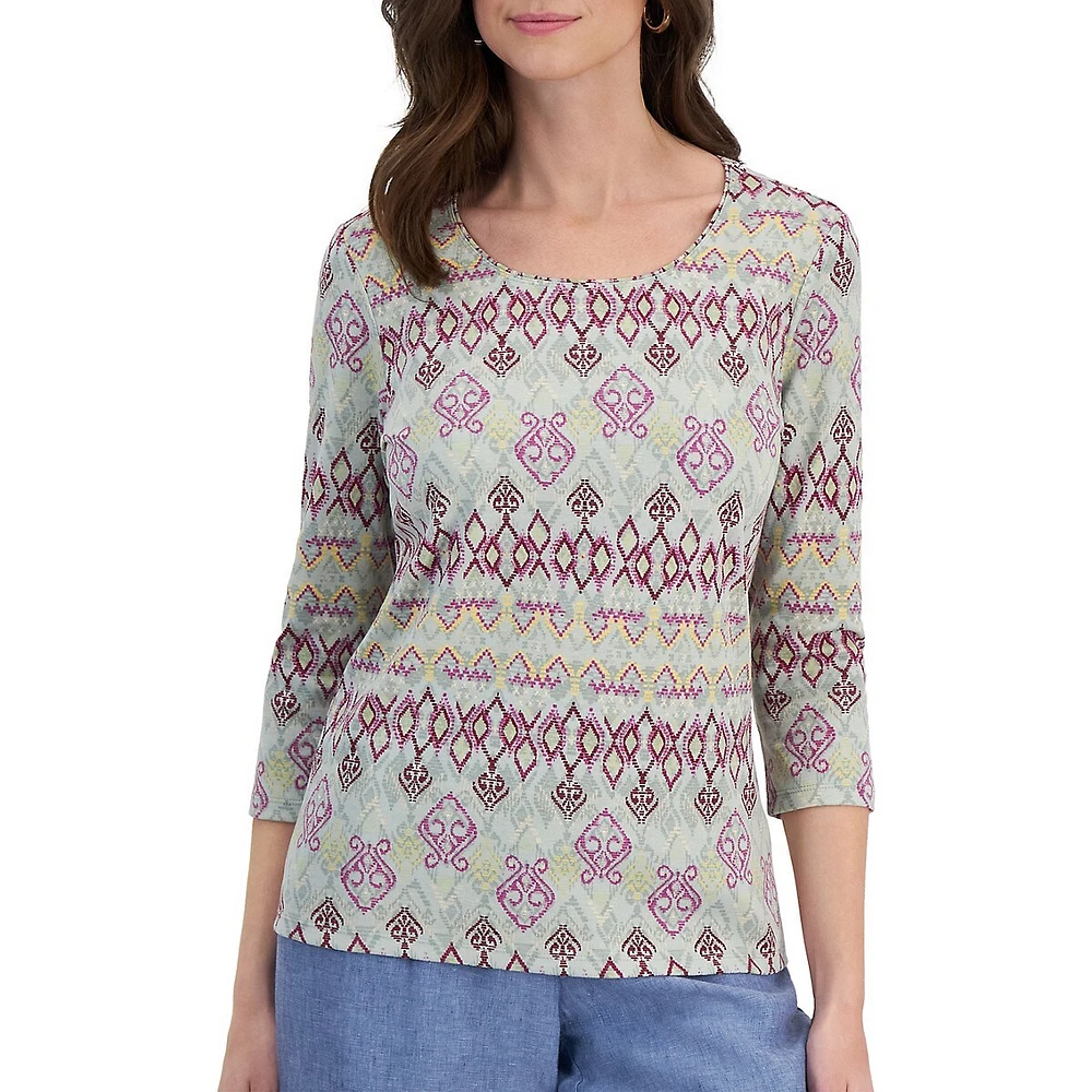 Ikat-Print Three-Quarter-Sleeve Top