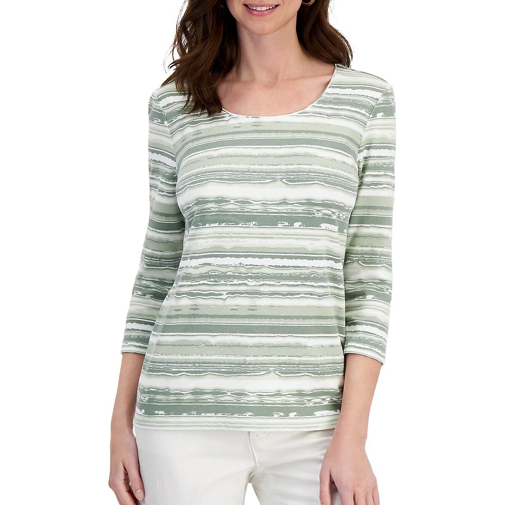 Abstract Stripe Three-Quarter-Sleeve Top