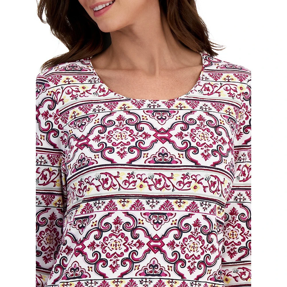 Tile-Print Three-Quarter-Sleeve Top