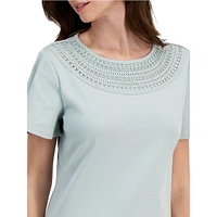 Lace-Neckline Flutter-Sleeve Top