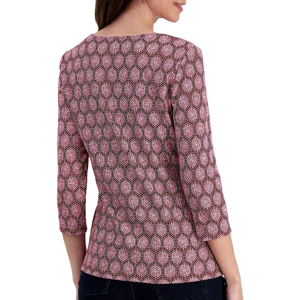 Petite Ikat-Inspired Three-Quarter-Sleeve Top