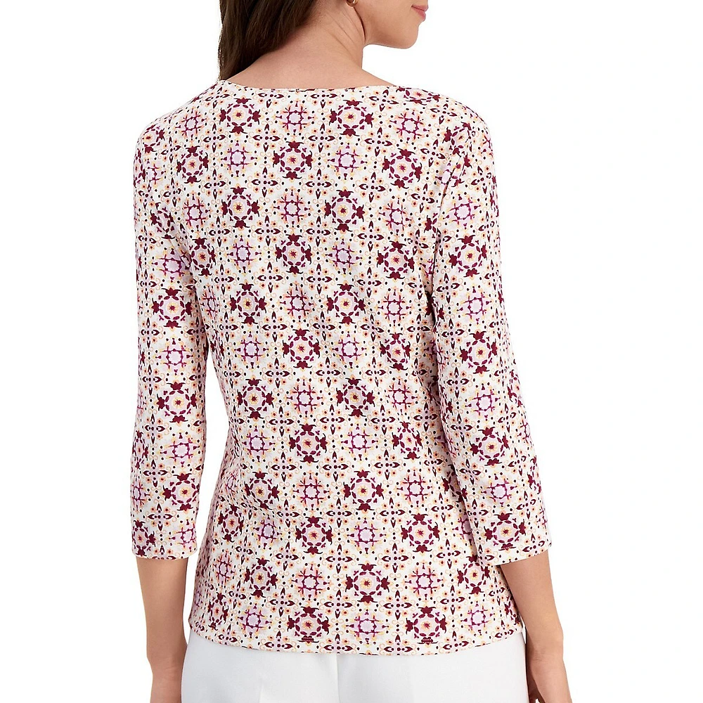 Petite Diamond-Print Three-Quarter-Sleeve Top