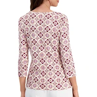 Petite Diamond-Print Three-Quarter-Sleeve Top