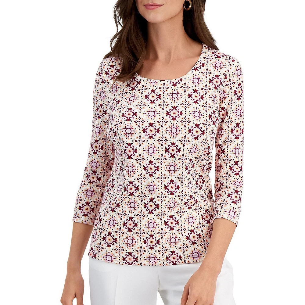 Petite Diamond-Print Three-Quarter-Sleeve Top