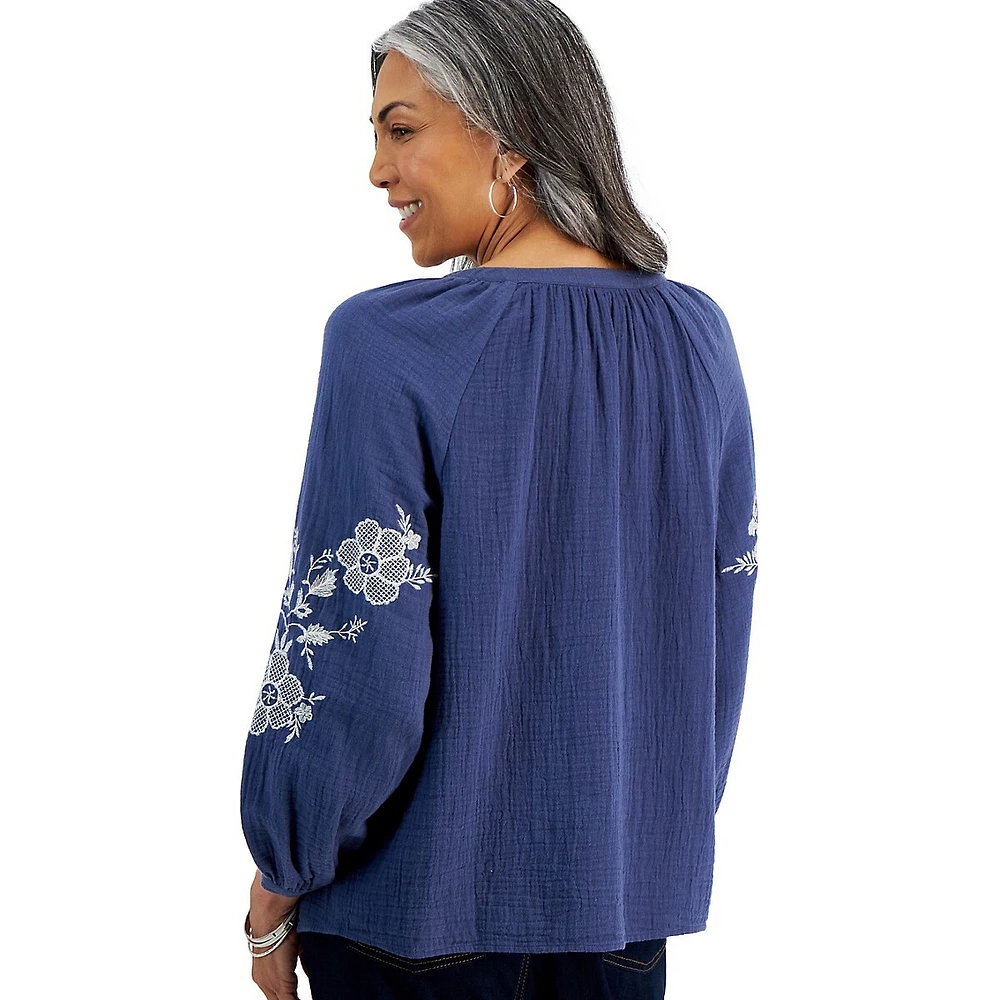 Floral-Embroidered Peasant Top