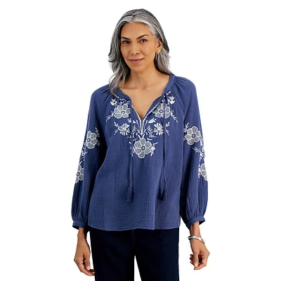 Floral-Embroidered Peasant Top