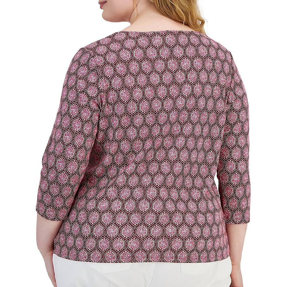 Plus Ikat-Inspired Three-Quarter-Sleeve Top