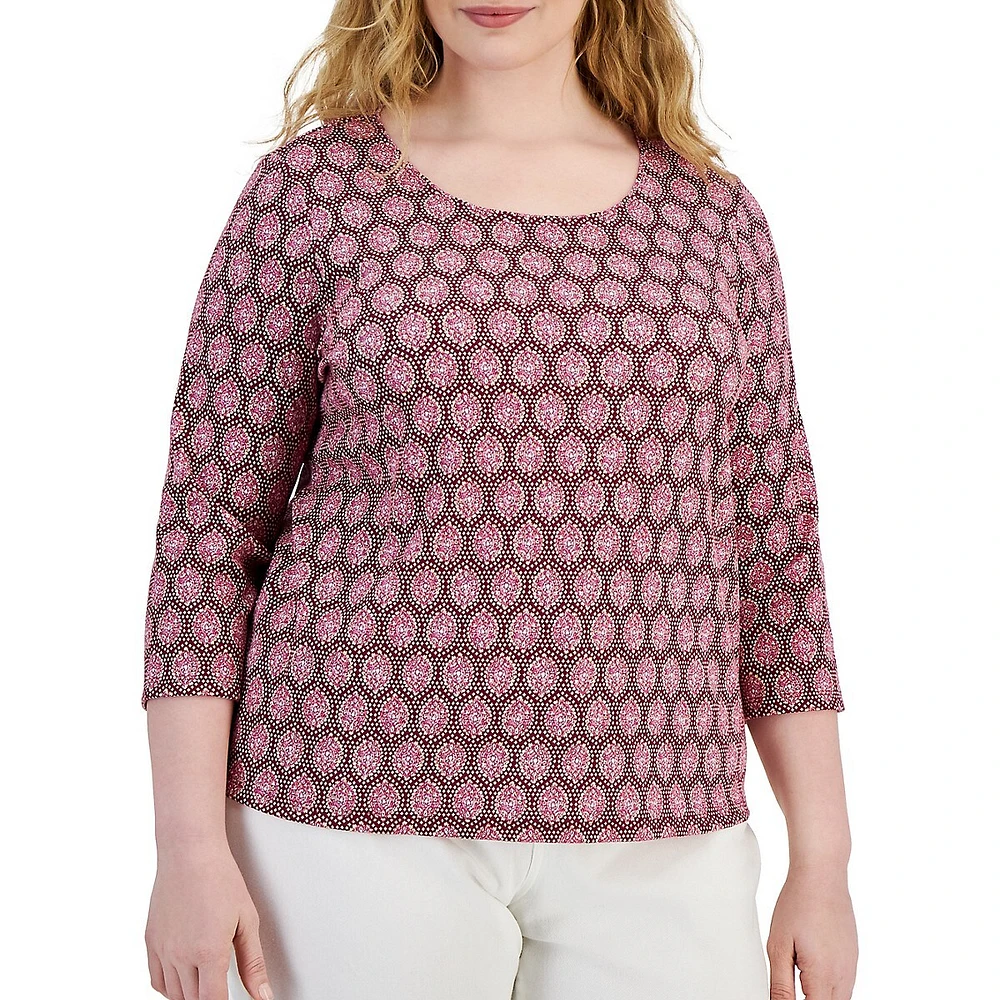 Plus Ikat-Inspired Three-Quarter-Sleeve Top