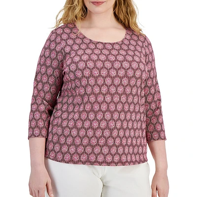 Plus Ikat-Inspired Three-Quarter-Sleeve Top