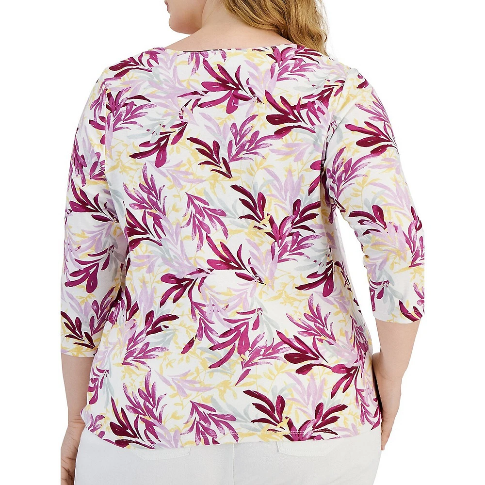 Plus Ikat-Inspired Three-Quarter-Sleeve Top