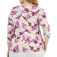 Plus Ikat-Inspired Three-Quarter-Sleeve Top