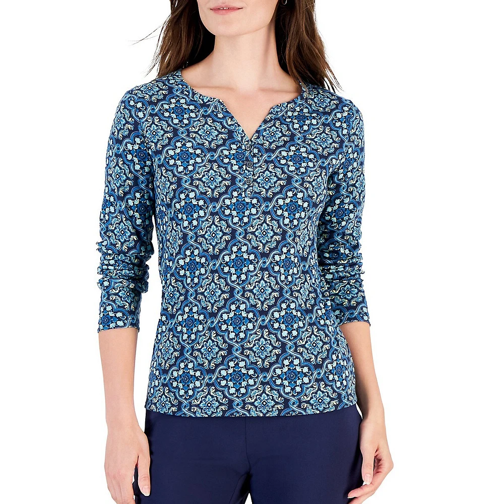 Petite Medallion Madness Printed Henley Top