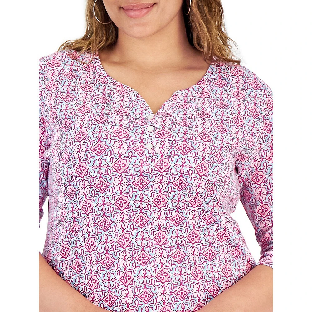 Plus Tile Treat Printed Henley Top