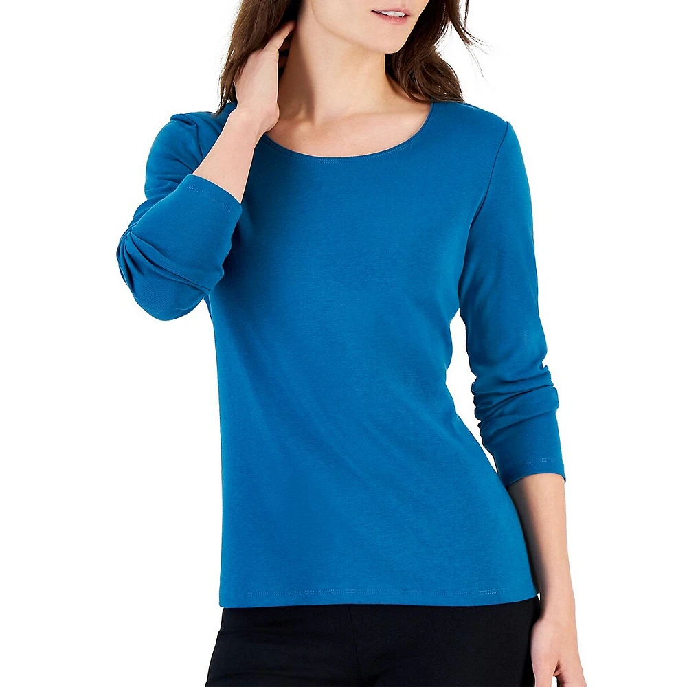 Long-Sleeve Scoopneck Cotton T-Shirt