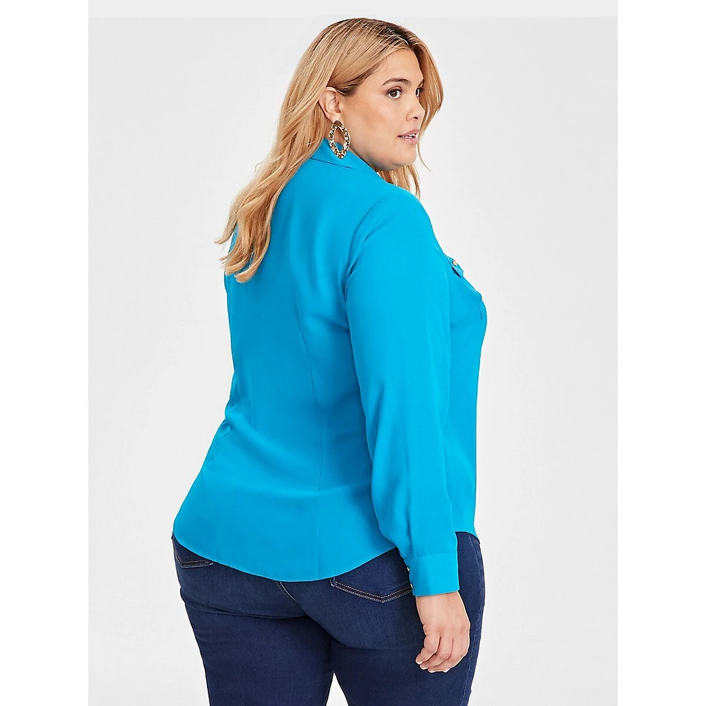 Plus Long-Sleeve Button-Front Blouse