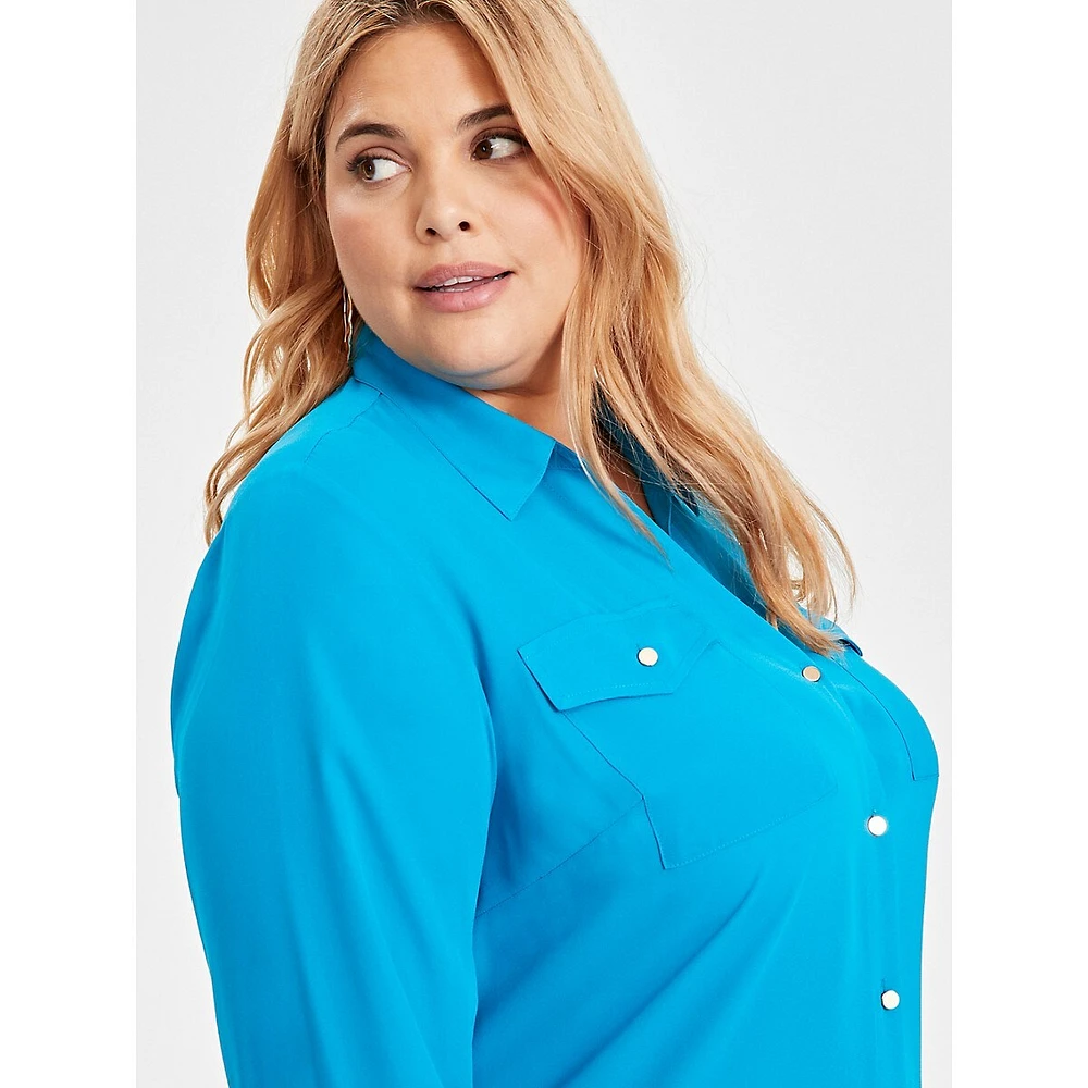 Plus Long-Sleeve Button-Front Blouse