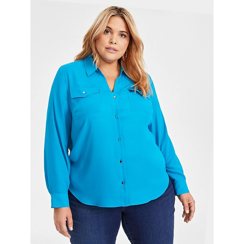 Plus Long-Sleeve Button-Front Blouse