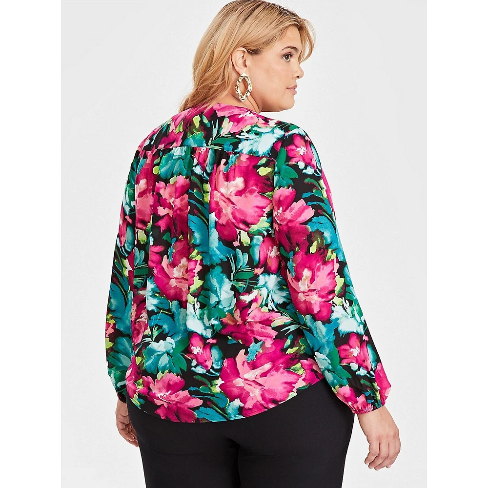 Plus Floral-Print Surplice Blouse